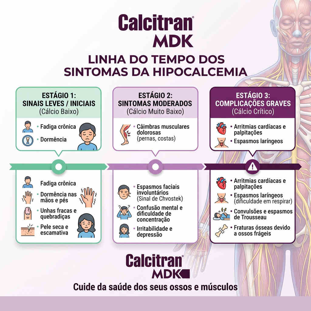 Infográfico da Calcitran MDK sobre a linha do tempo dos sintomas da hipocalcemia. Detalha estágios do cálcio baixo: sinais leves como fadiga, moderados como cãibras e graves como arritmias cardíacas.