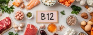 placa de vitamina b12 ao centro em cima da mesa com muitas frutas em volta