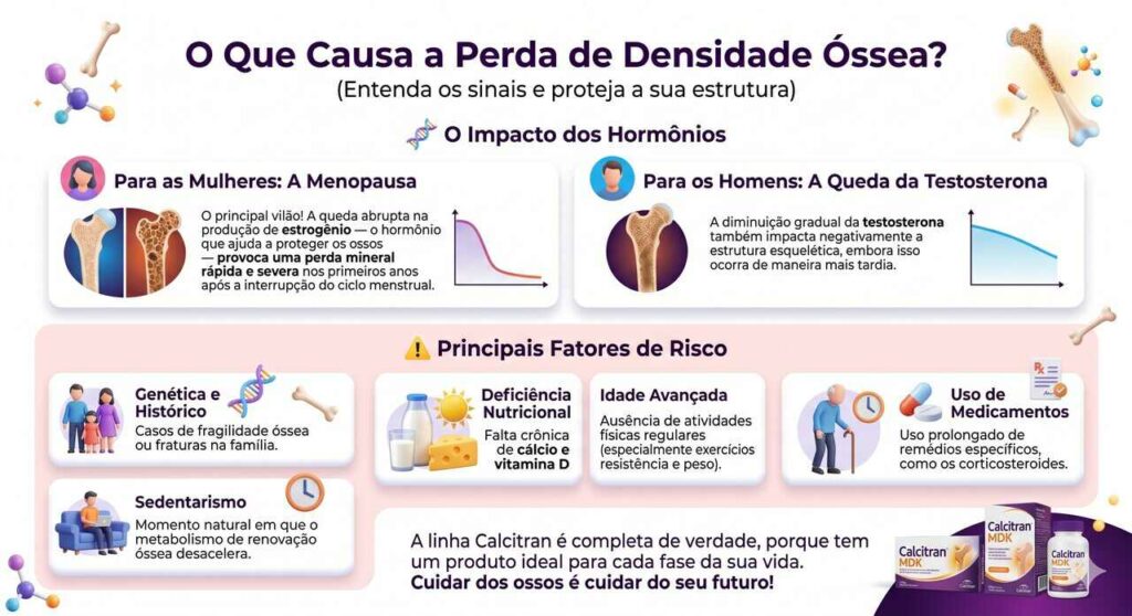 Infográfico apresenta principais causas da perda de massa óssea, incluindo hormônios, idade e deficiência nutricional.
