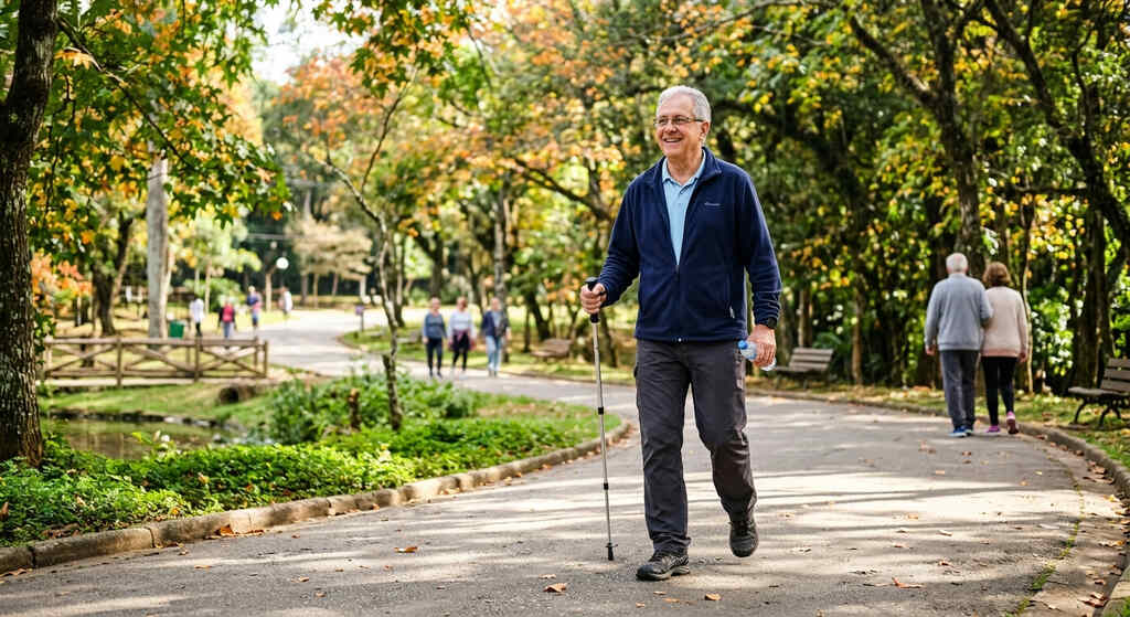 Um homem idoso sorridente caminha por um trilho pavimentado em um parque arborizado. Ele utiliza um bastão de caminhada na mão direita e segura uma garrafa de água na esquerda. Ele veste uma jaqueta azul marinho e calças cinzas. Ao fundo, outras pessoas caminham e a luz do sol filtra-se entre as árvores.