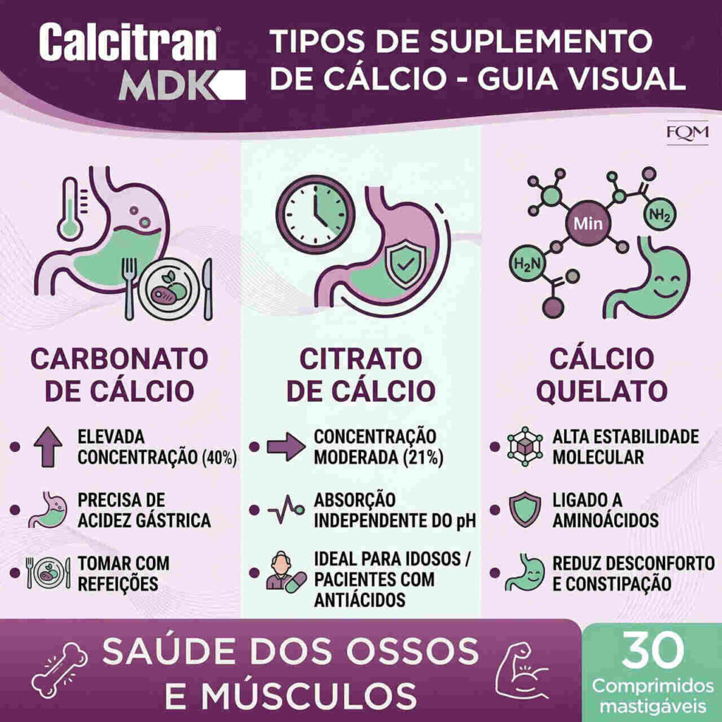 Guia visual apresenta tipos de suplemento de cálcio, incluindo, carbonato de cálcio, citrato de cálcio e cálcio quelato.