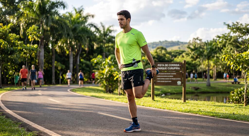 Corredor com roupas esportivas alongando a perna na pista do Parque Curupira em um dia ensolarado, demonstrando atividade física e joelho estalando sem dor.