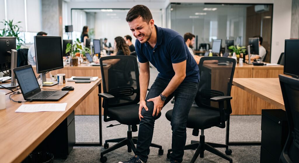 Homem jovem com expressão de dor, segurando o joelho direito ao se levantar da cadeira em um escritório, ilustrando o incômodo de um joelho estalando.