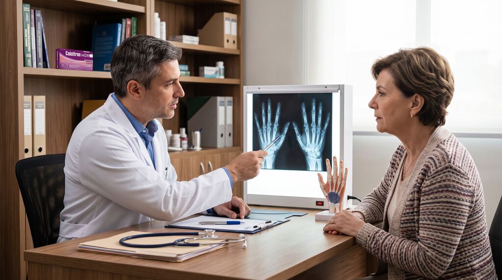 Médico em consultório explicando um raio-x das mãos para uma paciente idosa, representando o diagnóstico de osteomalacia.