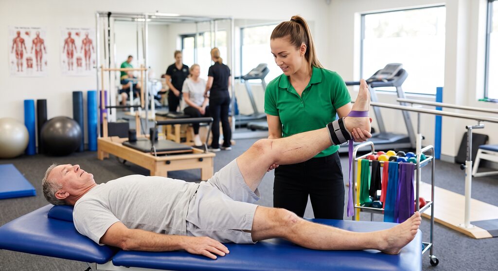 Fisioterapeuta auxiliando um paciente idoso em exercícios de reabilitação e prevenção para o joelho usando uma faixa elástica em uma clínica.