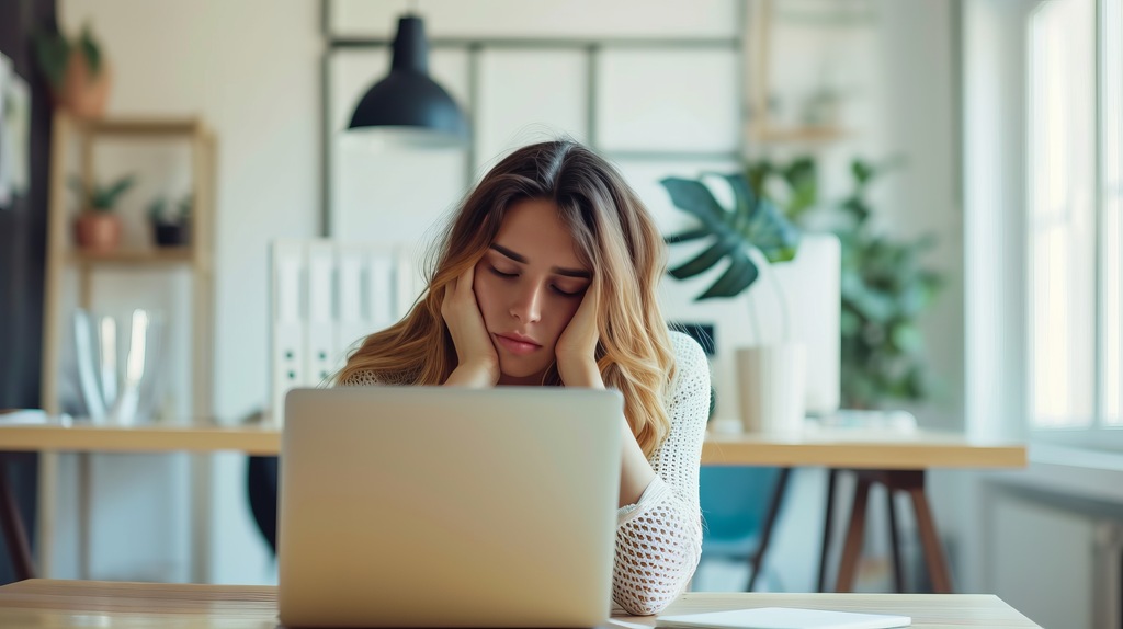 mulher de frente para computador com mao na cabeça e rosto de cansada